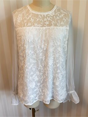 White House Black Market White Embroidered Sheer Floral Blouse